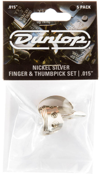 Dunlop Nickel Silver Finger and Thumbpick Set of Five Picks 
(4) Fingerpicks are .015" and (1) thumbpick is .025"