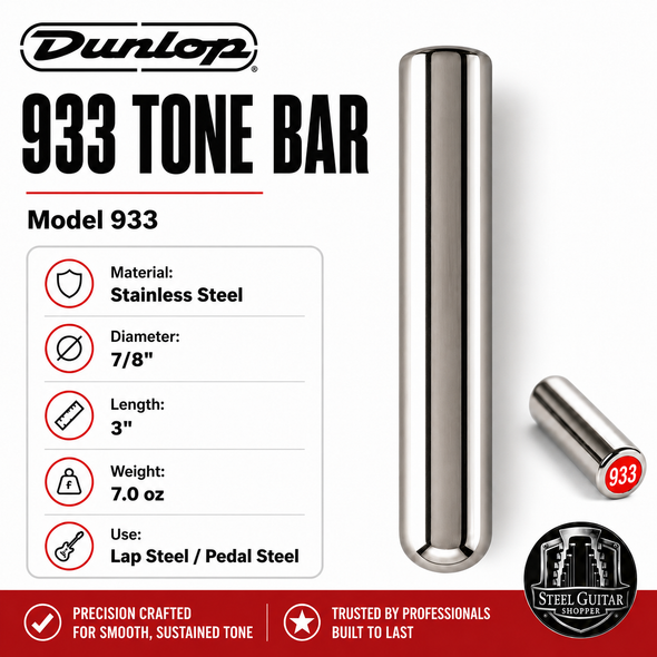 Dunlop 933 Stainless Steel Tone Bar for lap steel and pedal steel, 7/8 inch diameter, 3 inch length