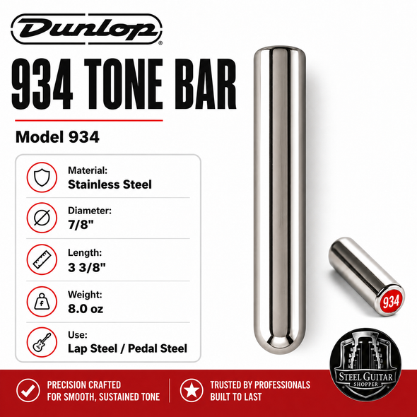 Dunlop 934 Stainless Steel Tone Bar for lap steel and pedal steel, 7/8 inch diameter, 3 3/8 inch length