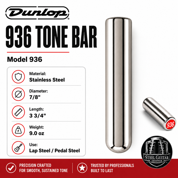 Dunlop 936 Stainless Steel Tone Bar for lap steel and pedal steel, 7/8 inch diameter, 3 3/4 inch length