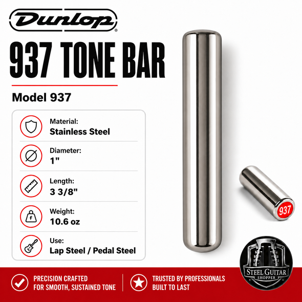 Dunlop 937 Stainless Steel Tone Bar for lap steel and pedal steel, 1 inch diameter, 3 3/8 inch length