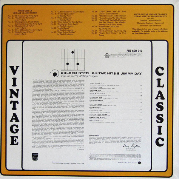 Golden Steel Guitar Hits by Jimmy Day with the Merry Melody Singers (Vinyl Record) Vintage Classics Number 18