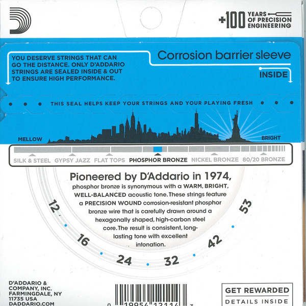 D'Addario Light 12-53 Phosphor Bronze for Acoustic Guitar (6 string set)  EJ16