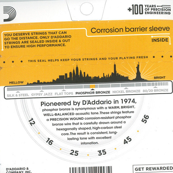 D'Addario Light Top/Medium Bottom 12-56 Phosphor Bronze for Bluegrass Acoustic Guitar (6 string set)  EJ19