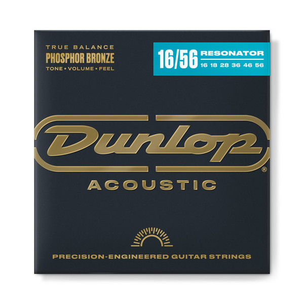 Dunlop Resonator Phosphor Bronze Acoustic Guitar Strings 16-56 (16/56) (6-String Set)
"These phosphor bronze resonator strings sound clear and defined with bass strings that growl and treble strings that sing with brilliant harmonic detail." jimdunlop.com
True Balance - Phosphor Bronze - Tone - Volume - Feel
Gauges 16 - 18 - 28 - 36 - 46- 56
