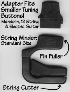 John Pearse Li’l Nipper string winder cutter tool with bridge pin puller and adapter for smaller tuning buttons