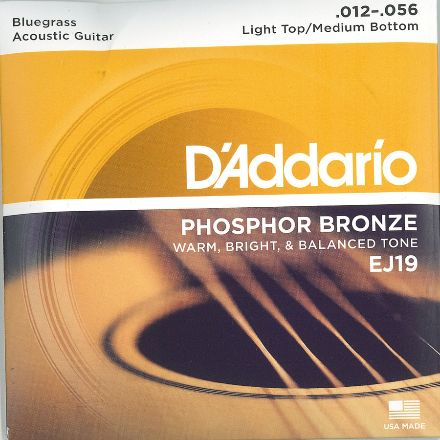 D'Addario Light Top/Medium Bottom 12-56 Phosphor Bronze for Bluegrass Acoustic Guitar (6 string set)  EJ19