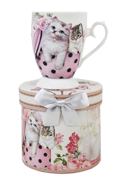 PORCELAIN MUG W/ MATCHING GIFT BOX-CAT & FLOWERS