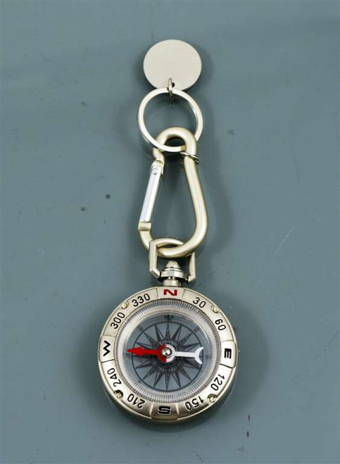 Silver Compass w/Carabiner Keyring and optional Engravable Plate