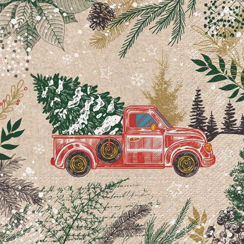 Luncheon napkins - red truck with tree