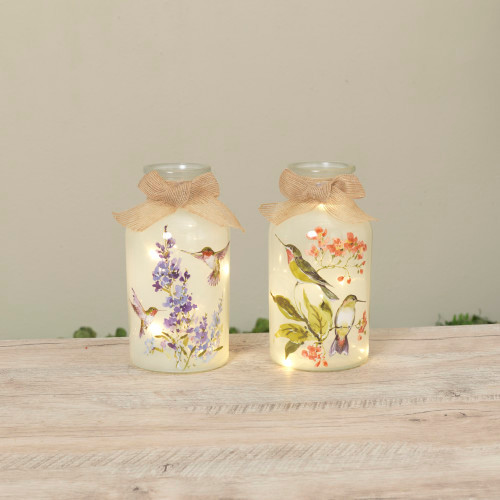 Lighted Glass Hummingbird Design Jar w/ Bow (2 Designs to choose from)