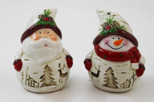 2PC CER. SNOWMAN/SANTA Salt/Pepper Shakers