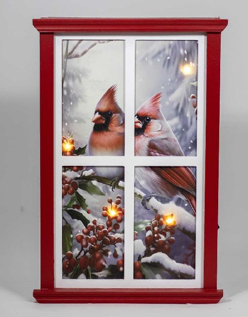 Wood Framed Window LED Canvas w/cardinals
