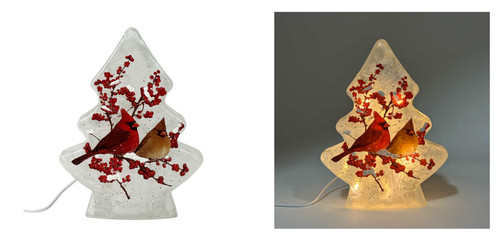LIT GLASS TREE W/CARDINALS