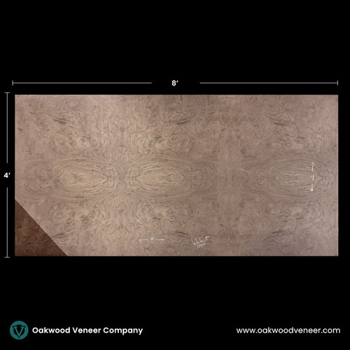 Large walnut wood veneer sheet with intricate swirling grain patterns, measuring 8 by 4 feet. The grain resembles symmetrical eye-like designs. Black background with Oakwood Veneer Company branding.
