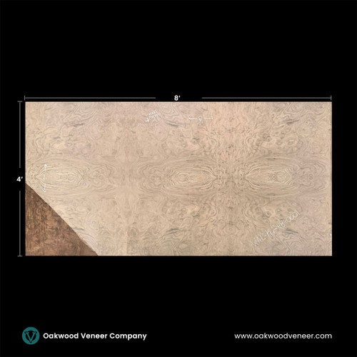 Large walnut wood veneer sheet with intricate swirling grain patterns, measuring 8 by 4 feet. The grain resembles symmetrical eye-like designs. Black background with Oakwood Veneer Company branding.