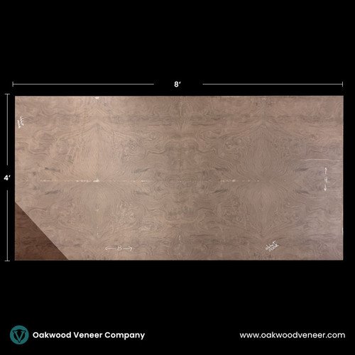 Large walnut wood veneer sheet with intricate swirling grain patterns, measuring 8 by 4 feet. The grain resembles symmetrical eye-like designs. Black background with Oakwood Veneer Company branding.