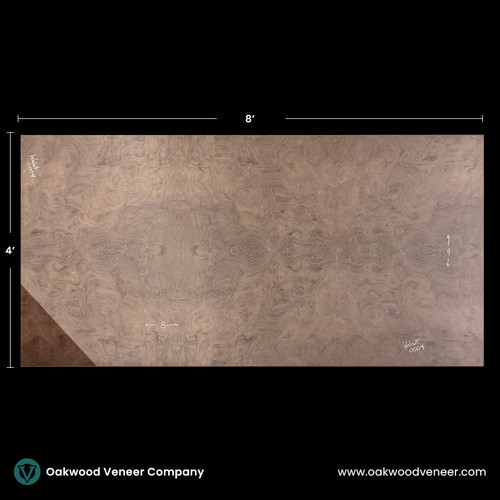 Large walnut wood veneer sheet with intricate swirling grain patterns, measuring 8 by 4 feet. The grain resembles symmetrical eye-like designs. Black background with Oakwood Veneer Company branding.