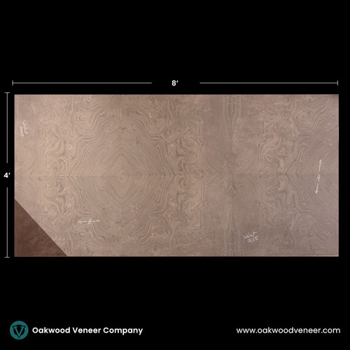 Large walnut wood veneer sheet with intricate swirling grain patterns, measuring 8 by 4 feet. The grain resembles symmetrical eye-like designs. Black background with Oakwood Veneer Company branding.