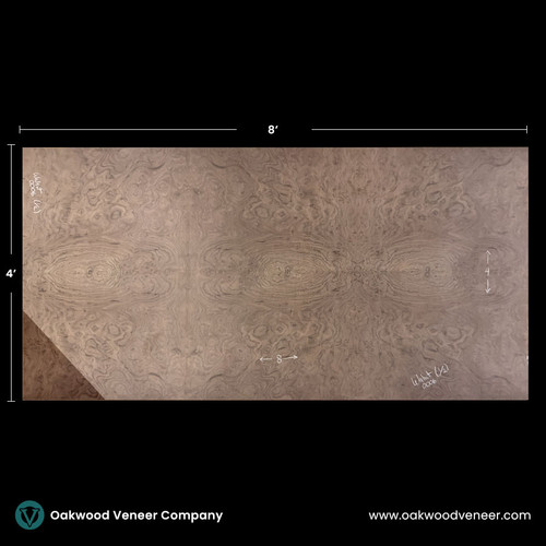 Large walnut wood veneer sheet with intricate swirling grain patterns, measuring 8 by 4 feet. The grain resembles symmetrical eye-like designs. Black background with Oakwood Veneer Company branding.