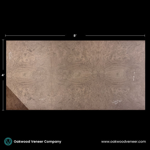 Large walnut wood veneer sheet with intricate swirling grain patterns, measuring 8 by 4 feet. The grain resembles symmetrical eye-like designs. Black background with Oakwood Veneer Company branding.