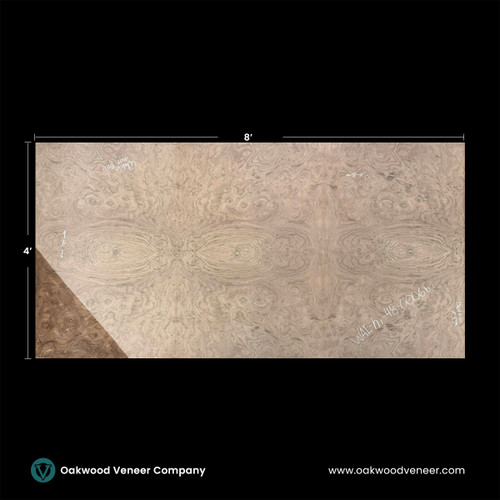 Large walnut wood veneer sheet with intricate swirling grain patterns, measuring 8 by 4 feet. The grain resembles symmetrical eye-like designs. Black background with Oakwood Veneer Company branding.