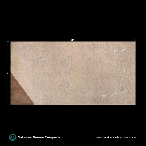 Large walnut wood veneer sheet with intricate swirling grain patterns, measuring 8 by 4 feet. The grain resembles symmetrical eye-like designs. Black background with Oakwood Veneer Company branding.