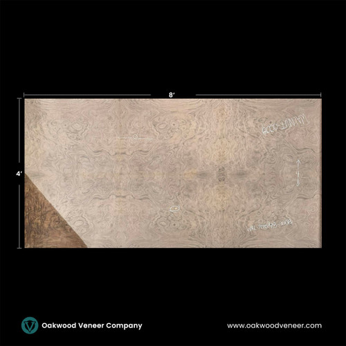 Large walnut wood veneer sheet with intricate swirling grain patterns, measuring 8 by 4 feet. The grain resembles symmetrical eye-like designs. Black background with Oakwood Veneer Company branding.