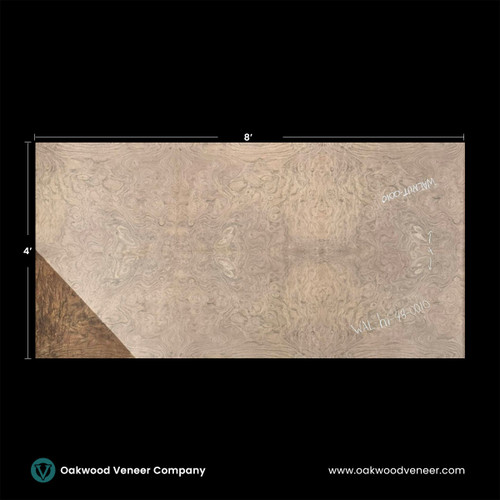 Large walnut wood veneer sheet with intricate swirling grain patterns, measuring 8 by 4 feet. The grain resembles symmetrical eye-like designs. Black background with Oakwood Veneer Company branding.