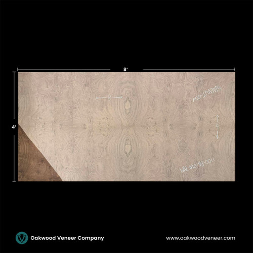 Large walnut wood veneer sheet with intricate swirling grain patterns, measuring 8 by 4 feet. The grain resembles symmetrical eye-like designs. Black background with Oakwood Veneer Company branding.