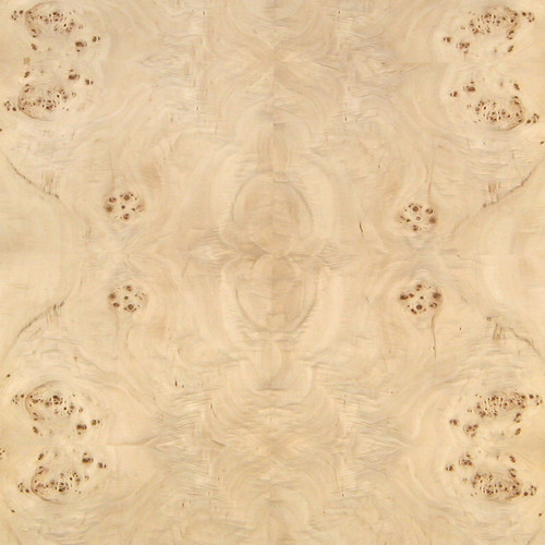 Low Figure Mappa Burl wood veneer sheet with natural tan coloring and flowing swirl grain.