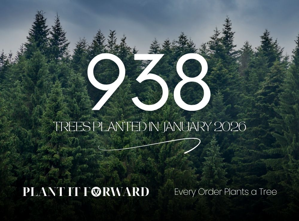 A person in denim and green boots plants a small tree. Text reads "833 trees planted in November! Plant It Forward. Every Order Plants a Tree."