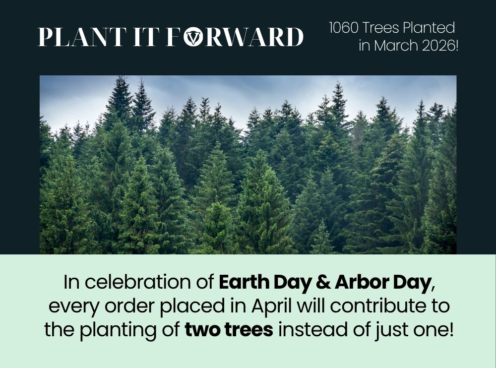 A person in denim and green boots plants a small tree. Text reads "833 trees planted in November! Plant It Forward. Every Order Plants a Tree."