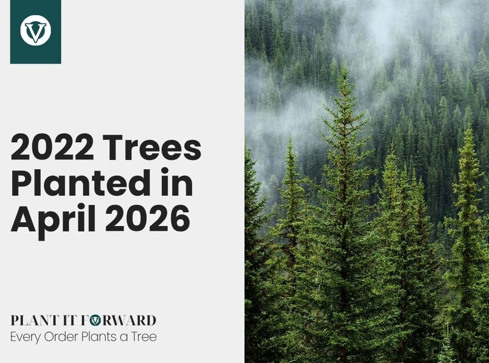 A person in denim and green boots plants a small tree. Text reads "833 trees planted in November! Plant It Forward. Every Order Plants a Tree."