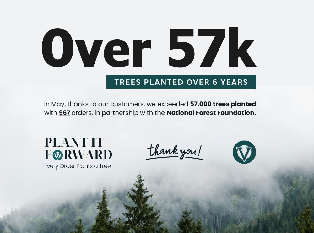 A person in denim and green boots plants a small tree. Text reads "833 trees planted in November! Plant It Forward. Every Order Plants a Tree."