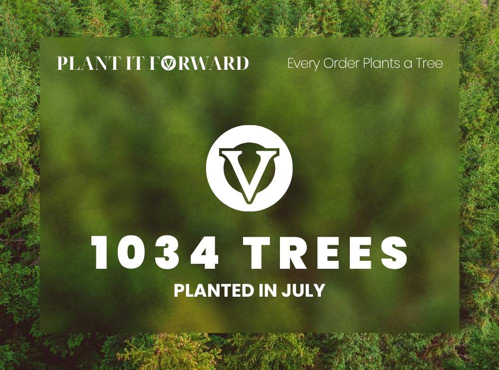 A person in denim and green boots plants a small tree. Text reads "833 trees planted in November! Plant It Forward. Every Order Plants a Tree."