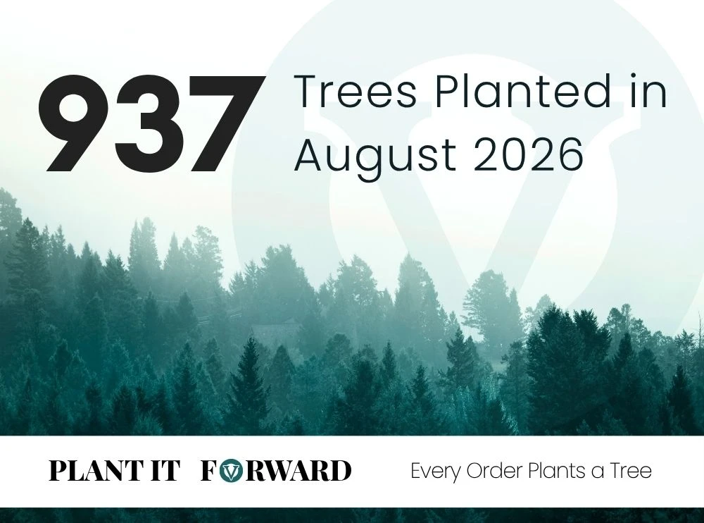 A person in denim and green boots plants a small tree. Text reads "833 trees planted in November! Plant It Forward. Every Order Plants a Tree."