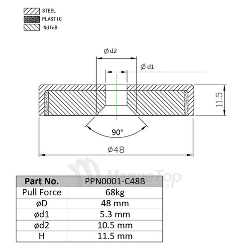 Neodymium Pot 48mm dia. M5 Countersunk 68kg Holding Force