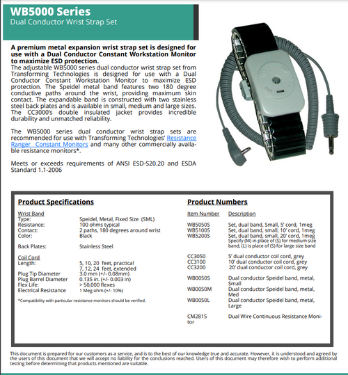 Dual Conductor Black Speidel Metal Wrist Strap | WB5050 Data Sheet