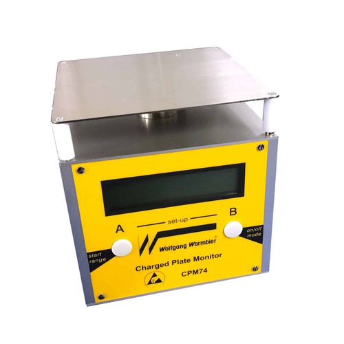 Warmbier CPM74 ESD Charge Plate Monitor side view with charge plate and 2-button controls (7100.CPM74)