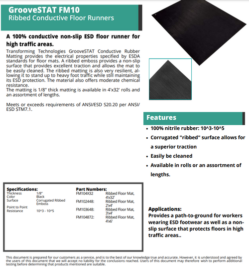 Conductive Rubber V-groove Floor Mat, With Hardware, 2'x4' Data Sheet