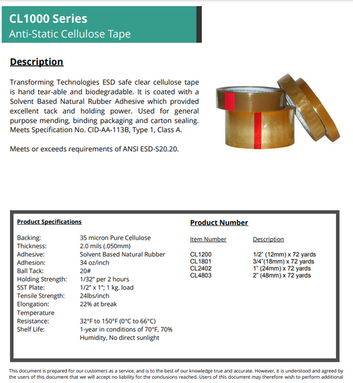 Static Free Cellophane Tape, Plain, No Print: 2" x 72 Yd Data Sheet