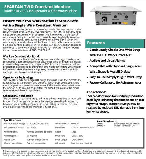 Monitors One Single Wire Wrist Strap - CM310 - Data Sheet