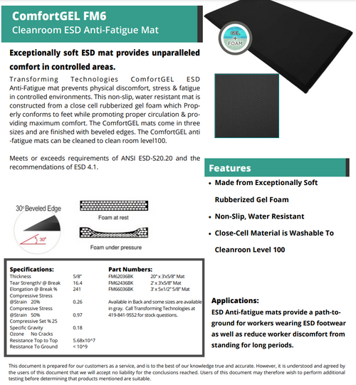 ComfortGEL Washable ESD Anti-Fatigue Mat, 60" x 36", Black Data Sheet