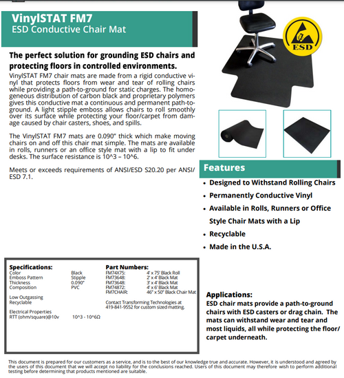 Conductive Vinyl Chair Mat, 36"x48" Data Sheet