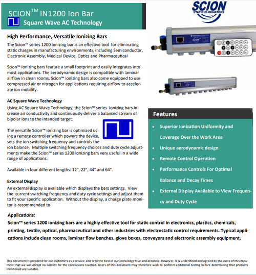 SCION AC Square Wave, Ion Bar, Tungsten Alloy Emitter, 22" Data Sheet 1