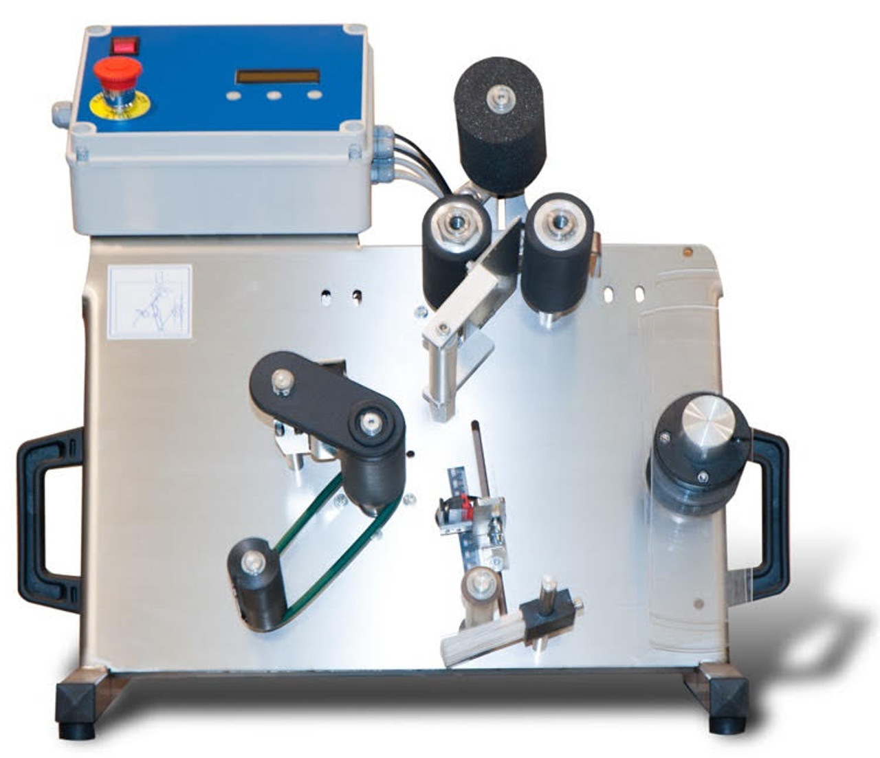 EKO-10; semi-automatic labeler suitiable for applying front/back labels from the same roll, onto glass cyndrical bottles.