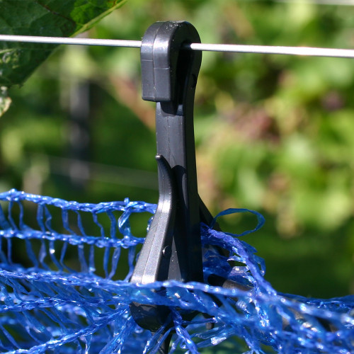 Black double hook net clip best used to hang side nets when storing the nets onto catch wires during the winter months.
