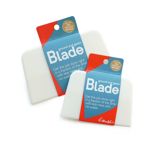 Gamblin Blades, two white spatula squeegee scrapers for painting, oil ground, and gesso application in packaging