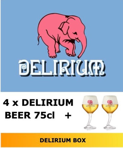 Delirium Box contains 4 different Delirium beers in 75cl and 2 glasses